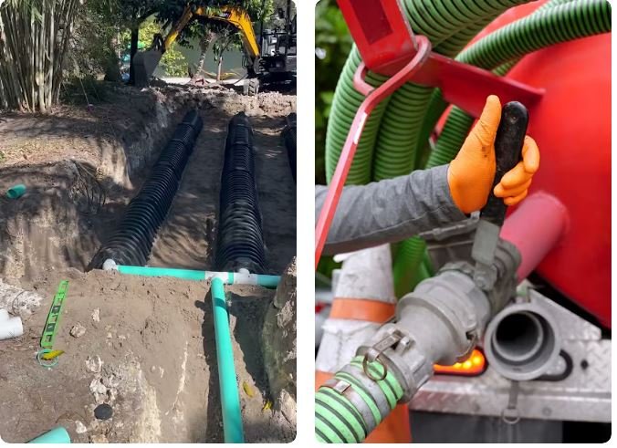 Perforated drain field lines laid in gravel trenches during a new septic system installation
